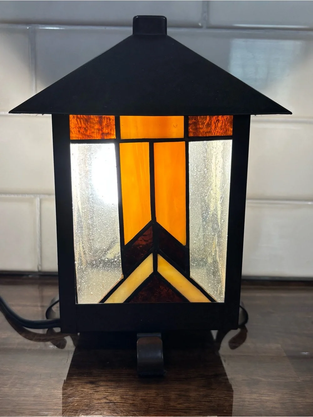 Amber and Black Stained Glass Lantern Accent Lamp - Craftsman Style
